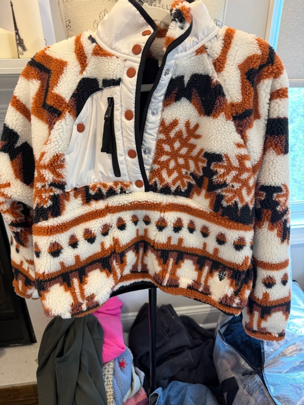 Free People White, Orange & Black Patterned Sherpa Pullover